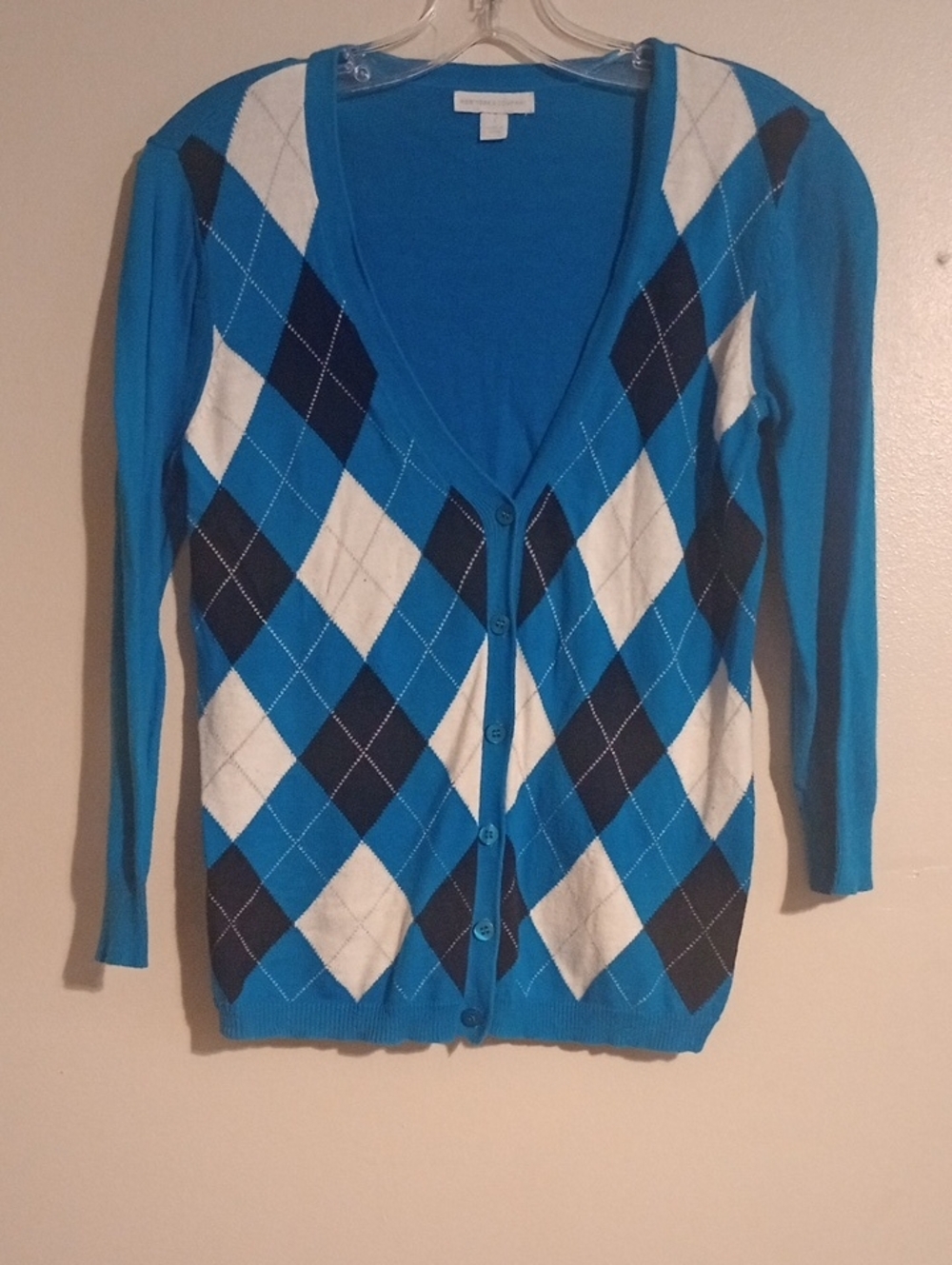 New York & Company Blue Black White Argyle Cardigan Sweater